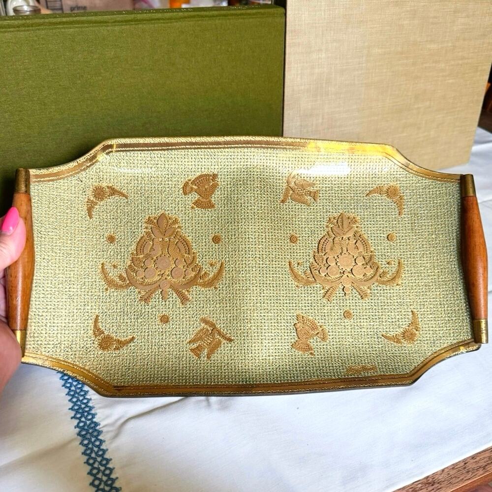 Georges Briard Signed Divided Glass Tray – 14.75” – Teak & Brass Handles – MCM